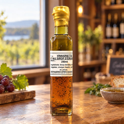 Bouteille de vinaigrette au sirop d’érable sur une table de bois, avec vignoble flou et fruits en arrière-plan